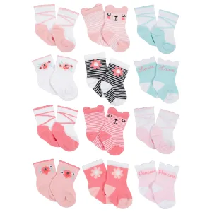 12-Pack Baby Girls Love, Floral, & Fairy Tale Wiggle-Proof™ Socks