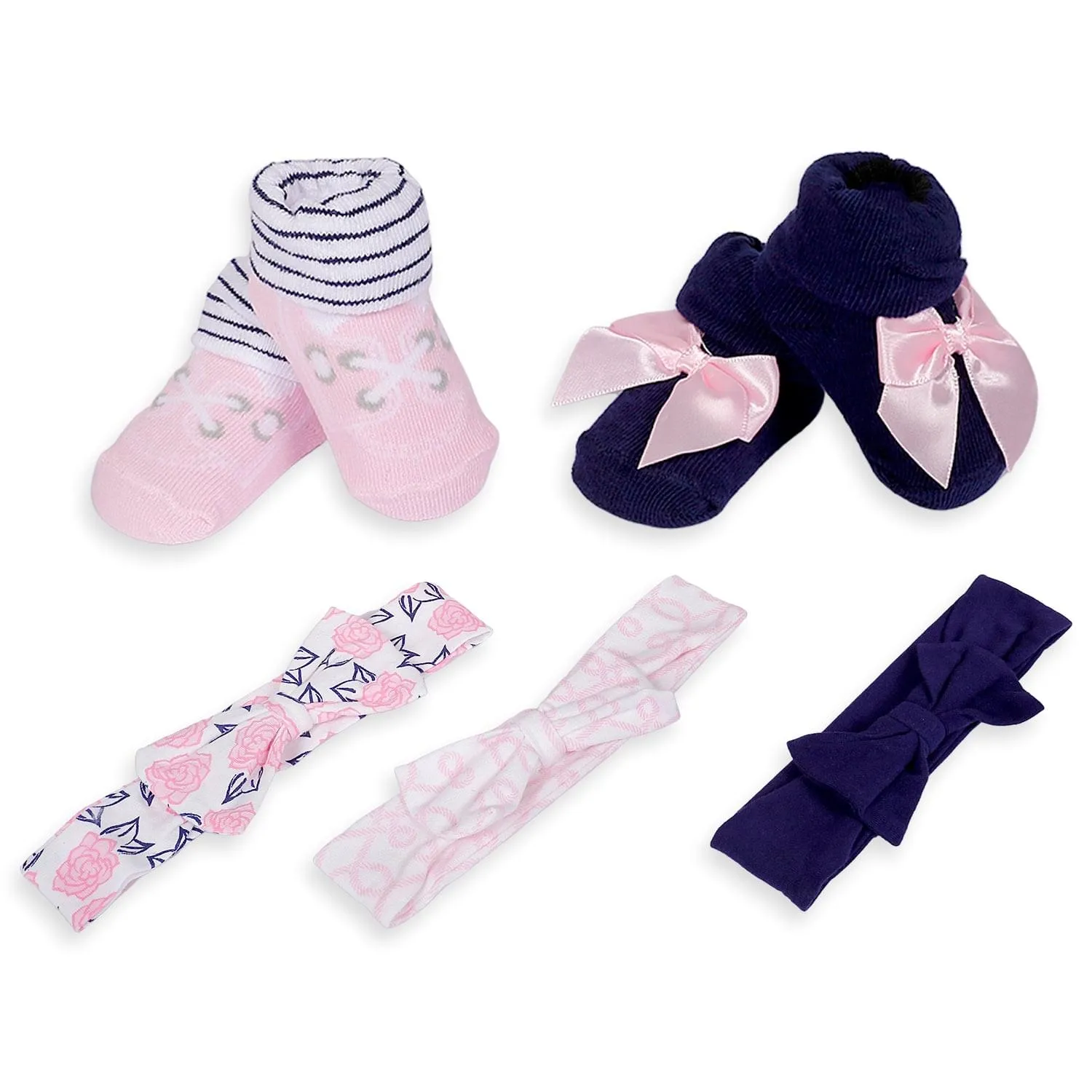 3 Headbands And 2 Pair Socks Gift Set Floral Pink And Blue