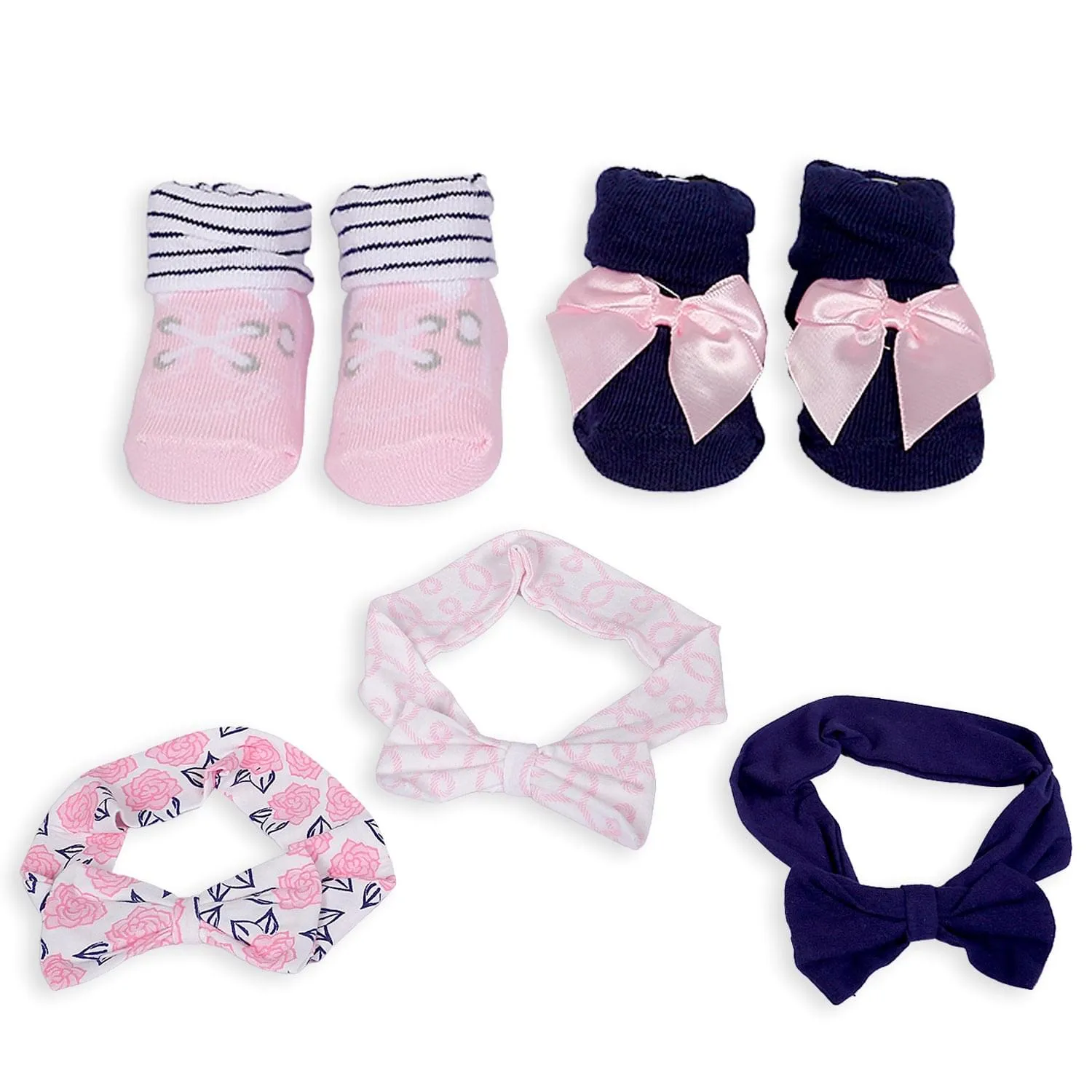 3 Headbands And 2 Pair Socks Gift Set Floral Pink And Blue