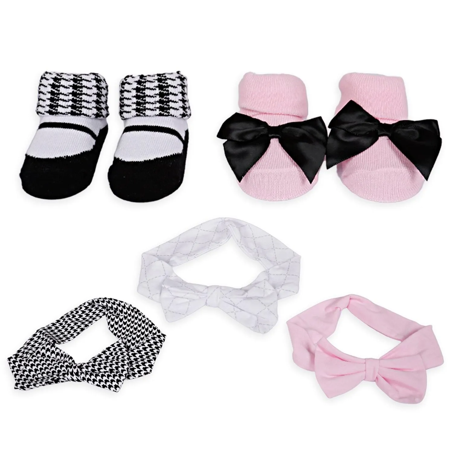 3 Headbands And 2 Pair Socks Gift Set Houndstooth Pink White