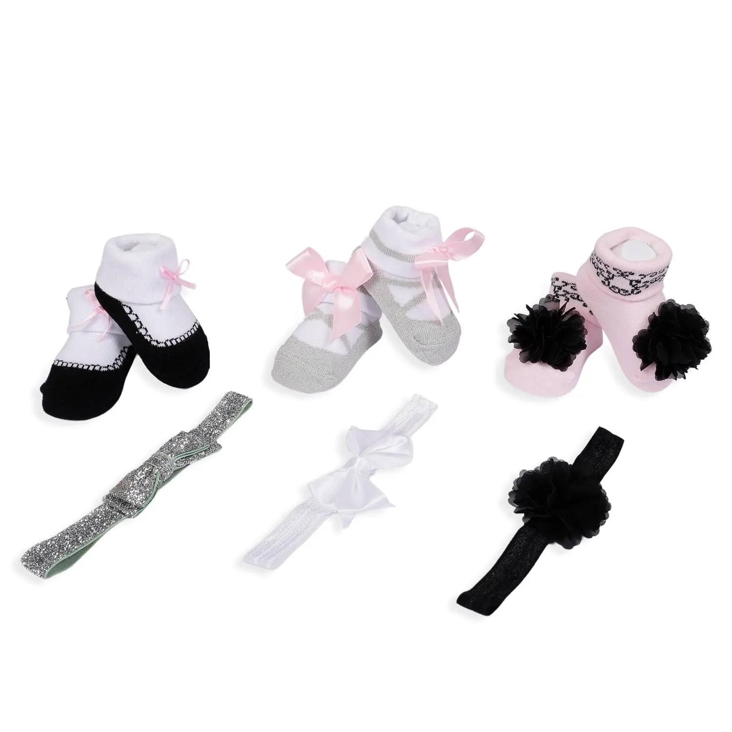 3 Headbands And 3 Pair Socks Gift Set Flower Bows Multicolour