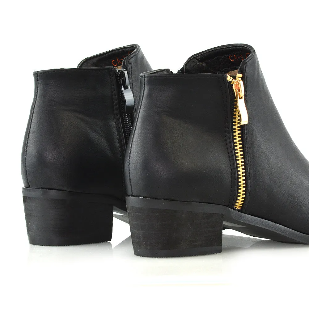 Alberto Zip Up Ankle Boots With Low Block Heel in Black Synthetic Leather