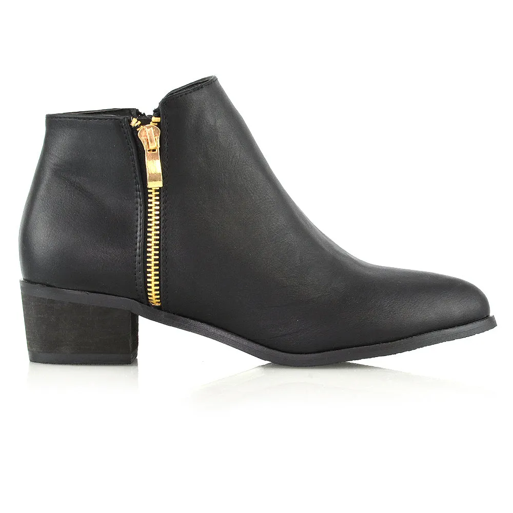 Alberto Zip Up Ankle Boots With Low Block Heel in Black Synthetic Leather