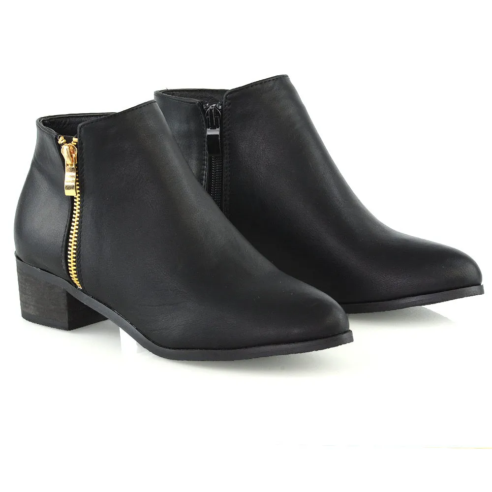 Alberto Zip Up Ankle Boots With Low Block Heel in Black Synthetic Leather