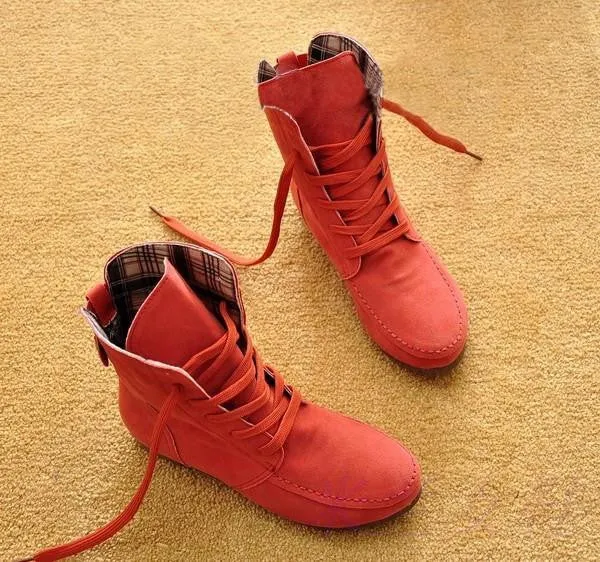 Autumn Solid Color Lace Up Flat Short Boots