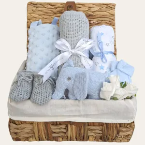 Baby Boy Gifts Hamper Organic Elephant Rattle & Sensory Taggie