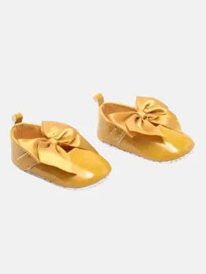 Baby Girl Shiny PU Infant Shoes with Large Satin Bow - Mustard Yellow