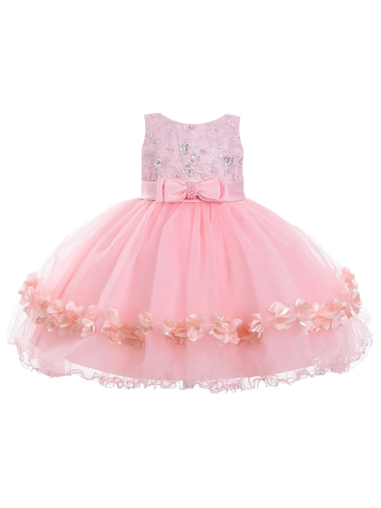 Baby Girls Blush Bow Waist Floral Appliques Flower Girl Dress 6-24 Months