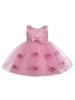 Baby Girls Dusty Pink Bow Floral Appliques Tulle Flower Girl Dress 6-24 Months