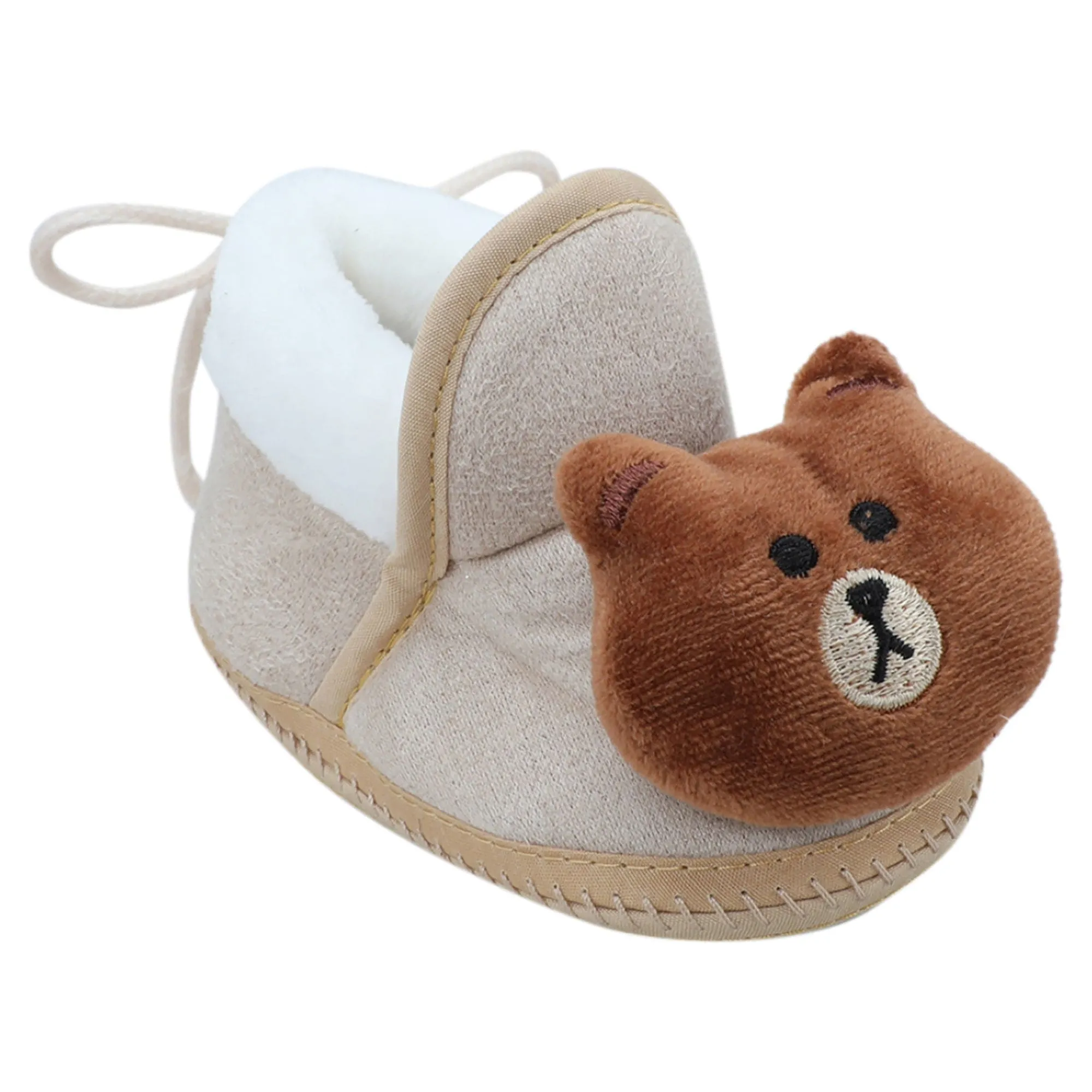 Baby Moo 3D Bear Soft Slip-On Anti-Skid Plush Warm Booties - Beige