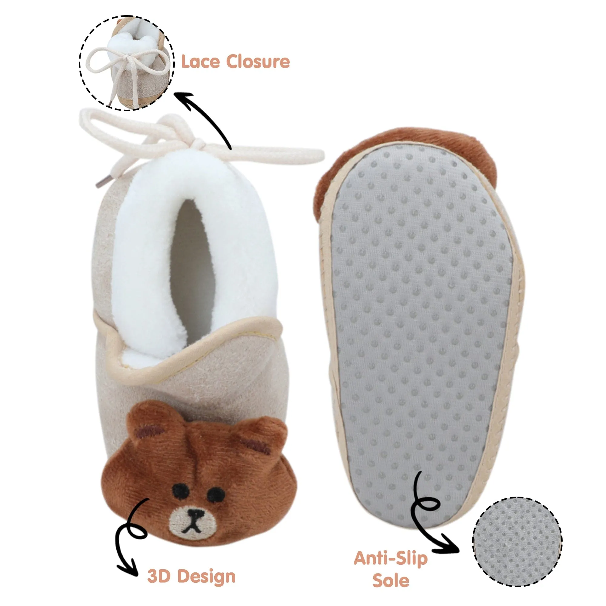 Baby Moo 3D Bear Soft Slip-On Anti-Skid Plush Warm Booties - Beige