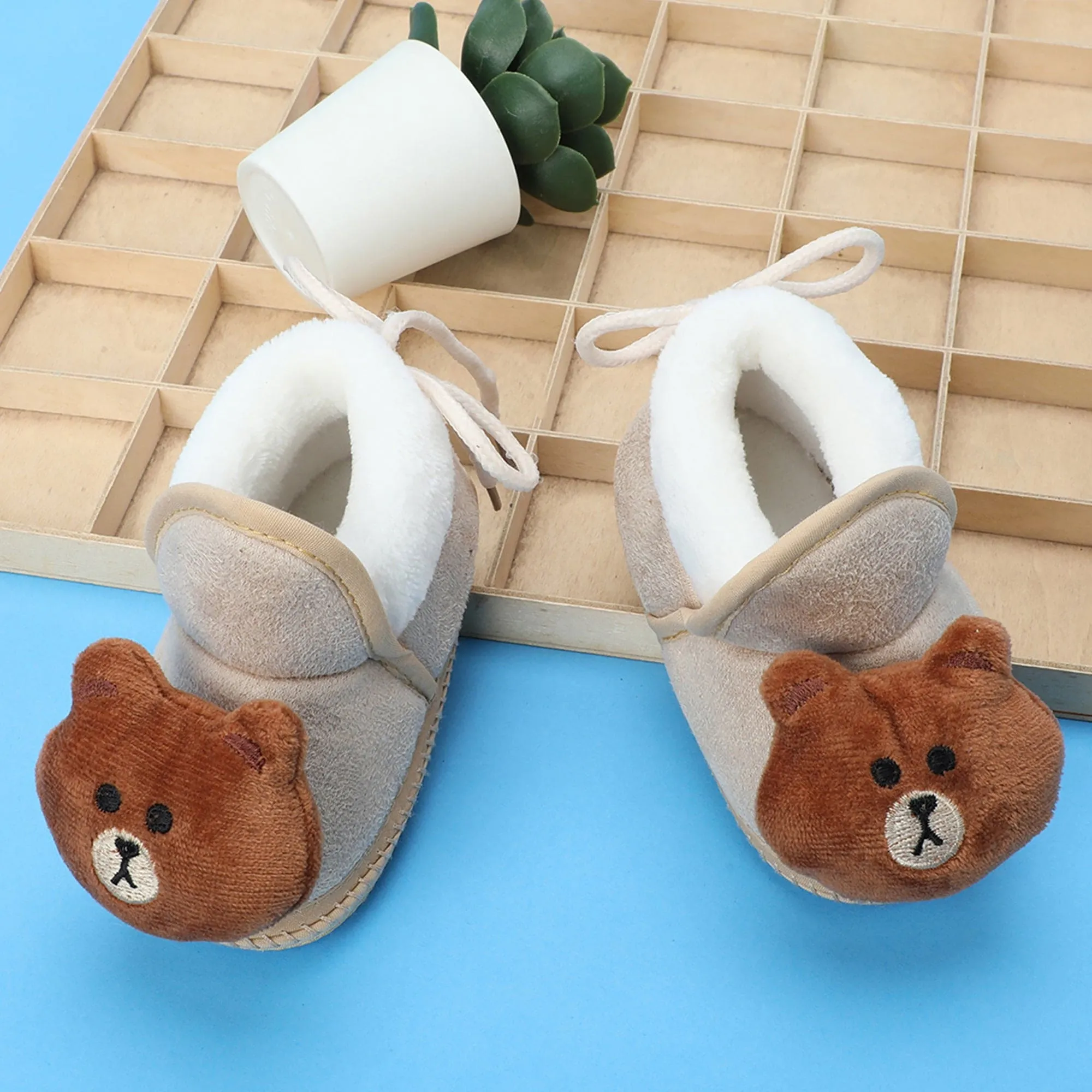 Baby Moo 3D Bear Soft Slip-On Anti-Skid Plush Warm Booties - Beige