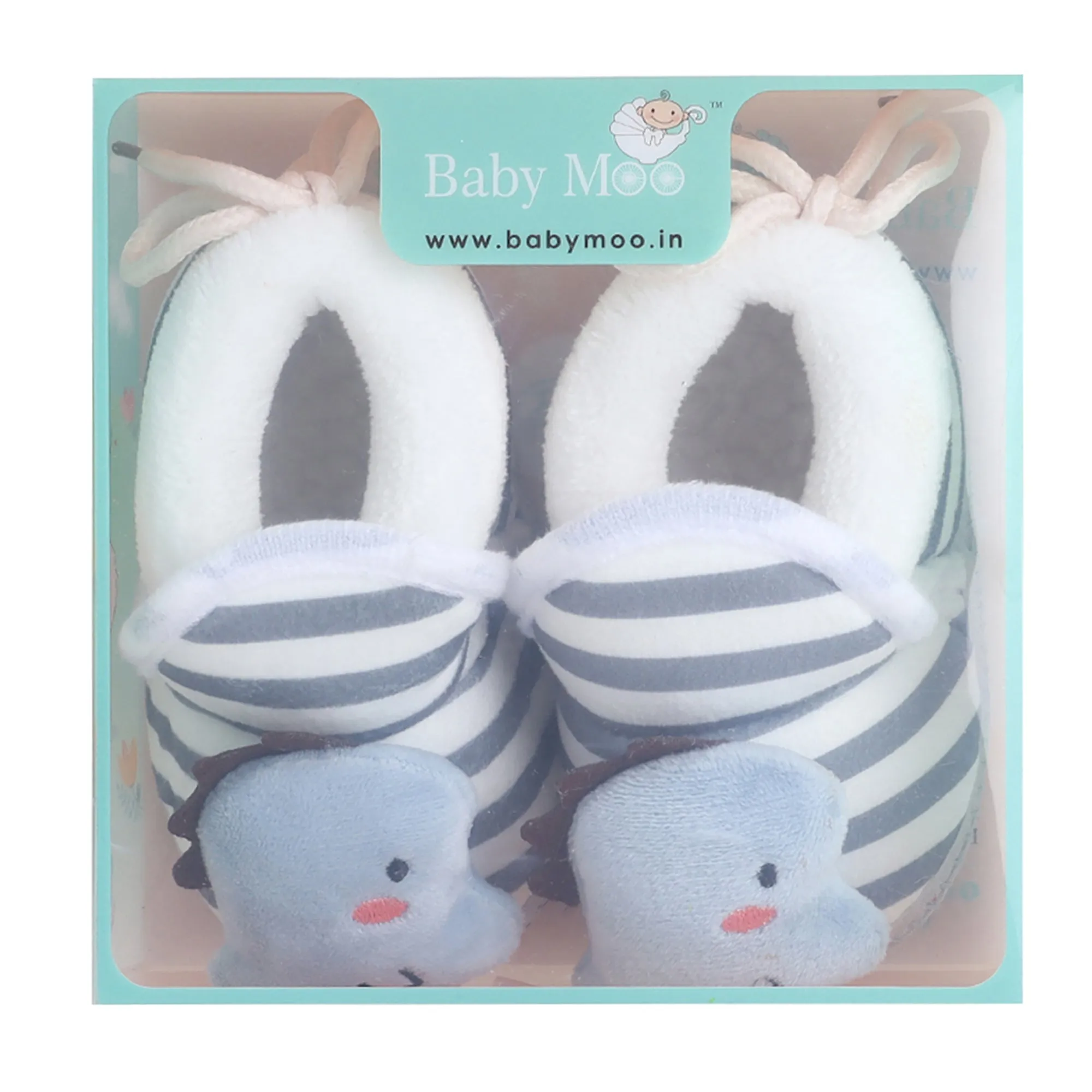 Baby Moo 3D Dino Striped Soft Slip-On Anti-Skid Plush Warm Booties - Grey