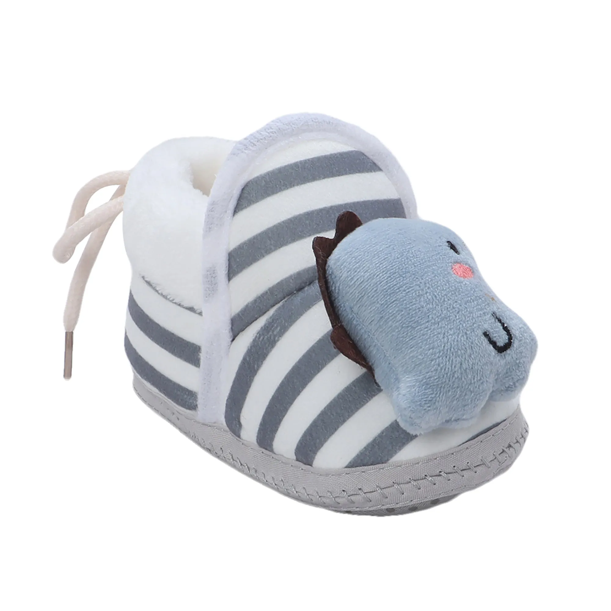 Baby Moo 3D Dino Striped Soft Slip-On Anti-Skid Plush Warm Booties - Grey