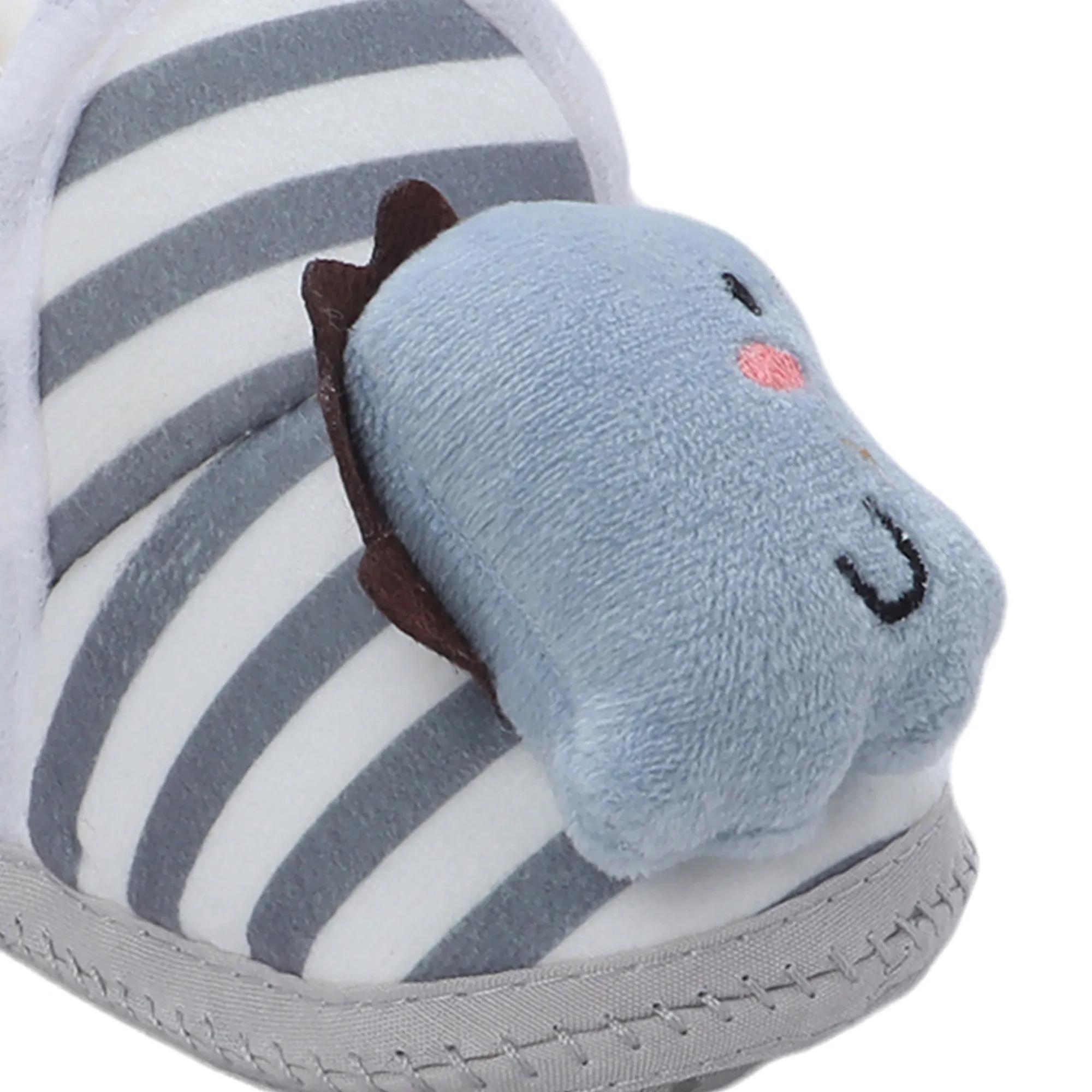 Baby Moo 3D Dino Striped Soft Slip-On Anti-Skid Plush Warm Booties - Grey