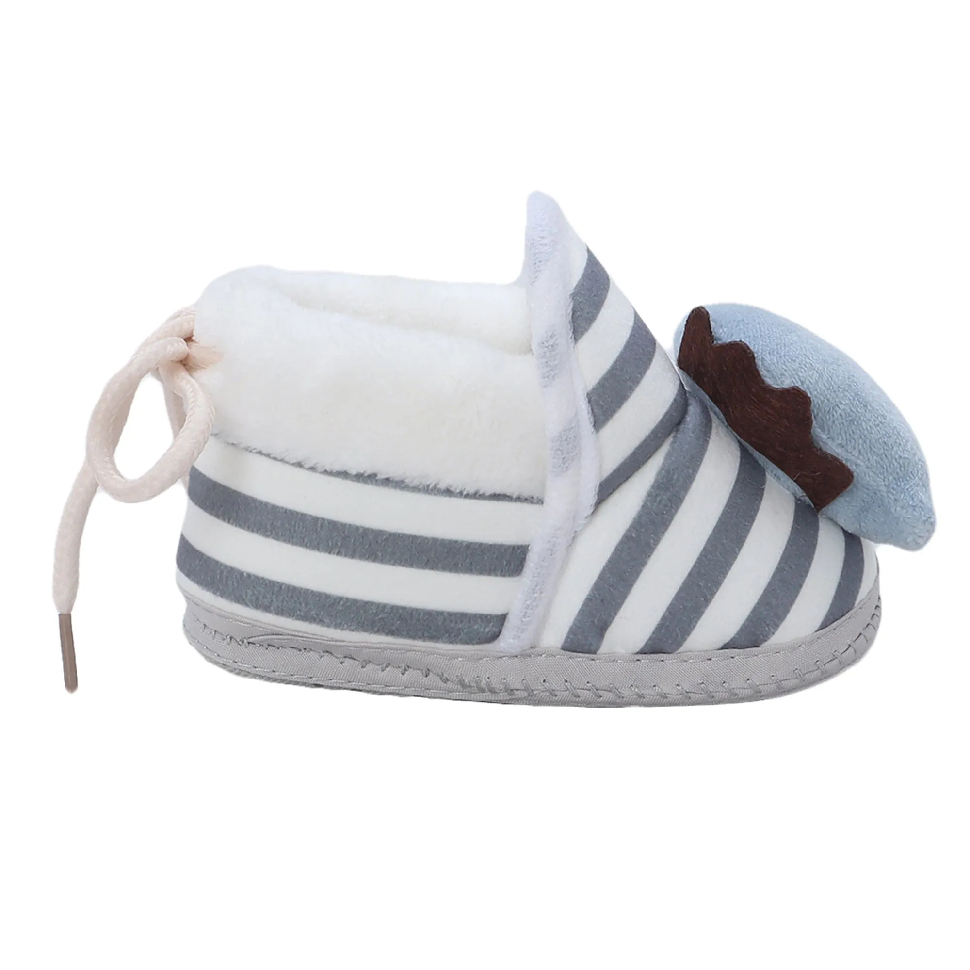 Baby Moo 3D Dino Striped Soft Slip-On Anti-Skid Plush Warm Booties - Grey