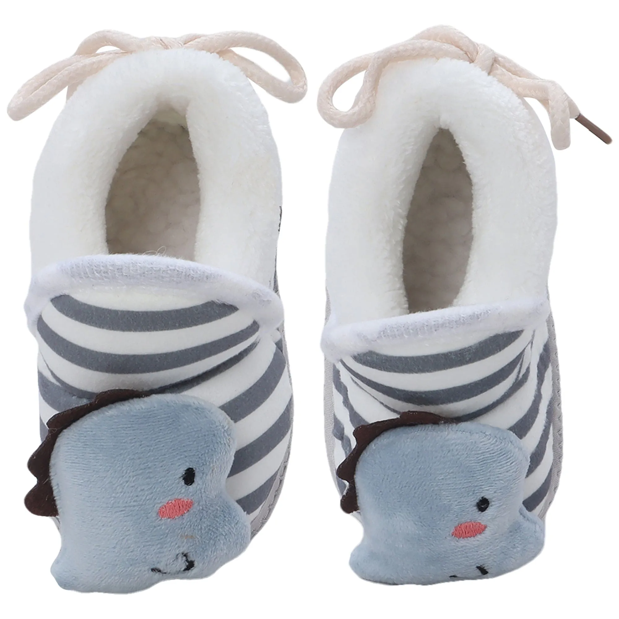 Baby Moo 3D Dino Striped Soft Slip-On Anti-Skid Plush Warm Booties - Grey