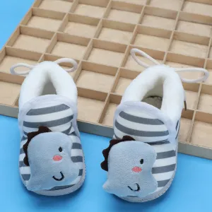 Baby Moo 3D Dino Striped Soft Slip-On Anti-Skid Plush Warm Booties - Grey