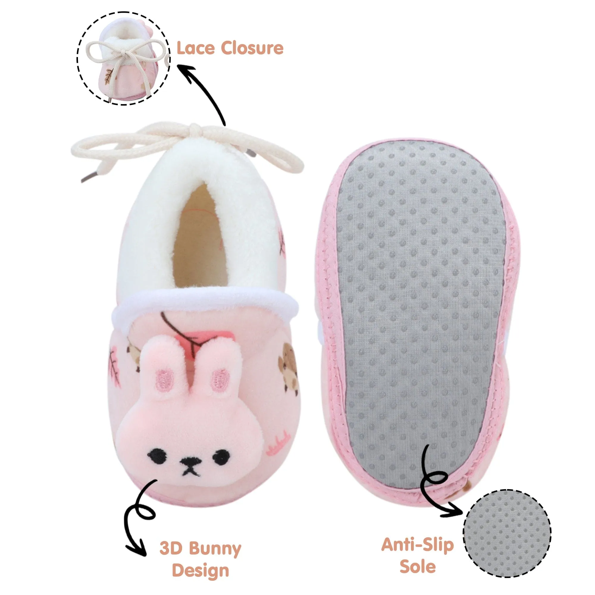 Baby Moo 3D Hunny Bunny Soft Slip-On Anti-Skid Plush Warm Booties - Peach