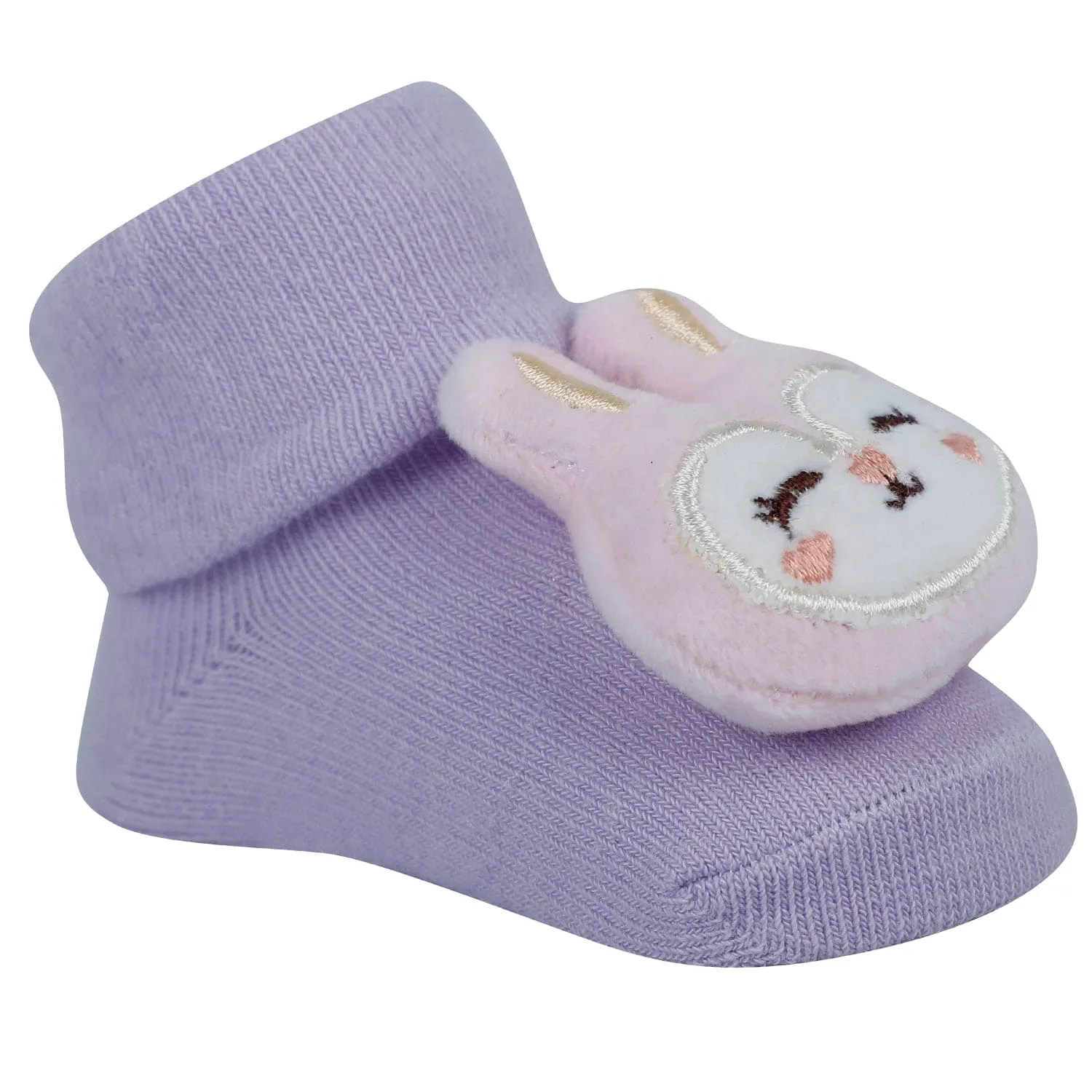 Baby Moo Bear And Bunny 3D Rattle Anti-Skid Socks Booties Pack of 2 - Pink, Purple