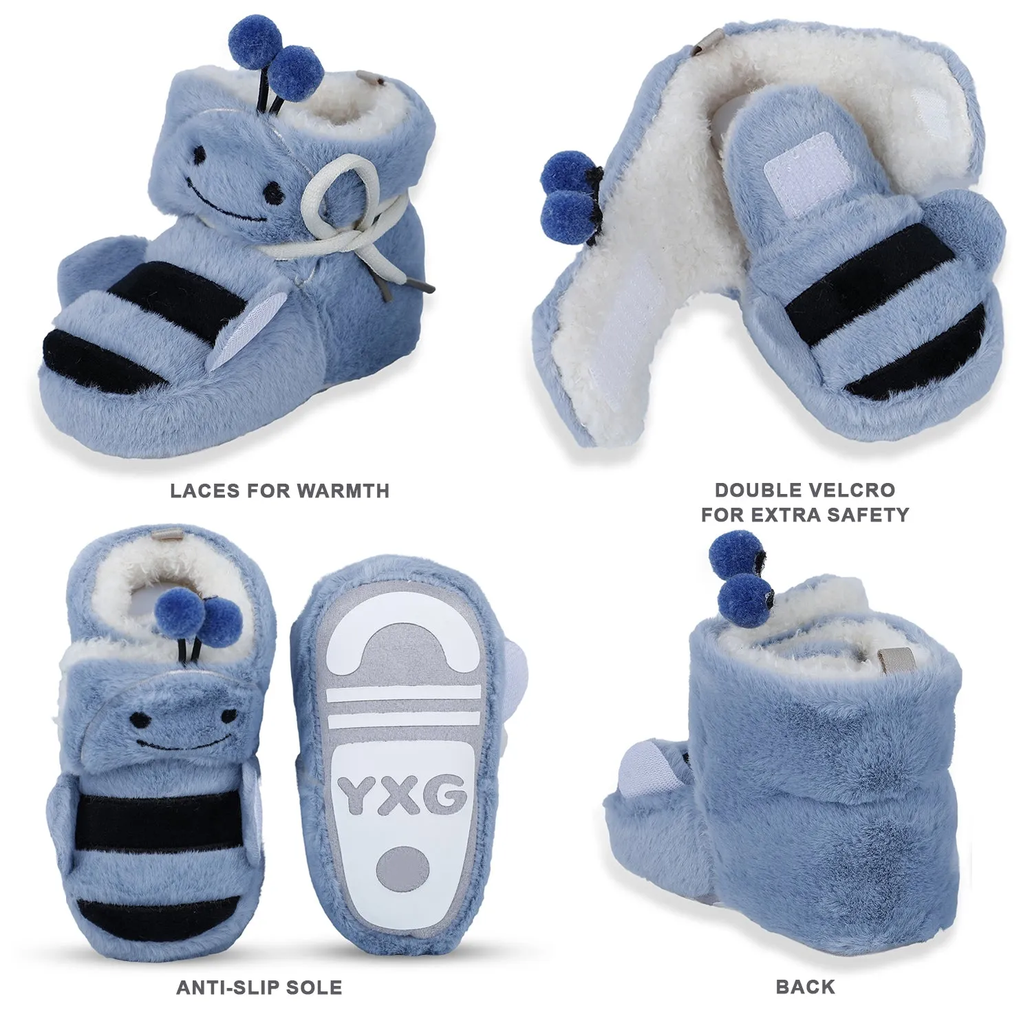 Baby Moo Bumble Bee 3D Warm Furry Booties - Blue