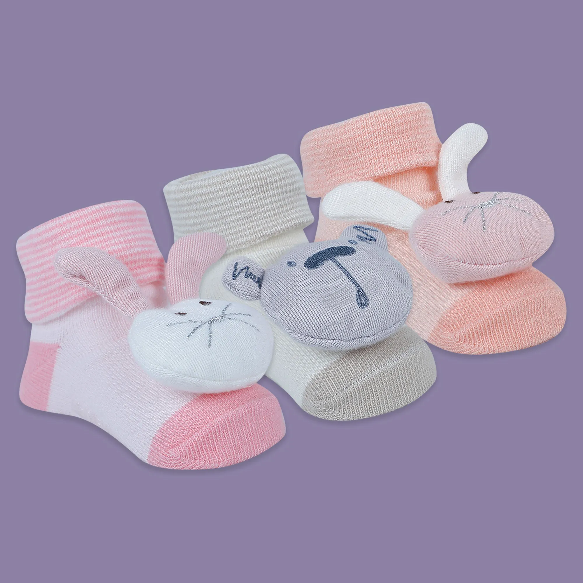 Baby Moo Bunny Bear 3D Rattle Anti-Skid Socks Booties Pack of 3 - Pink, Beige