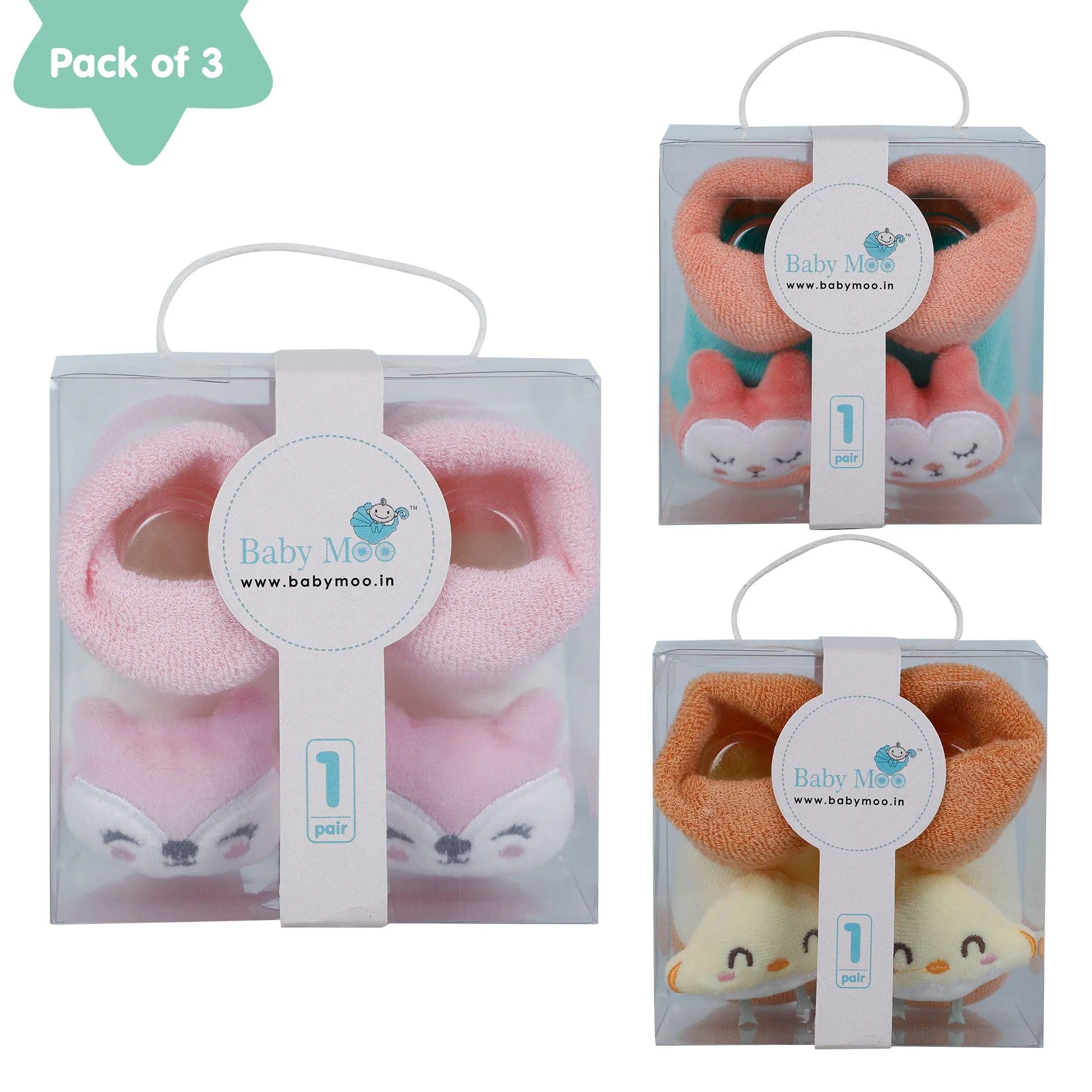 Baby Moo Bunny Chick 3D Rattle Anti-Skid Socks Booties Pack of 3 - Orange