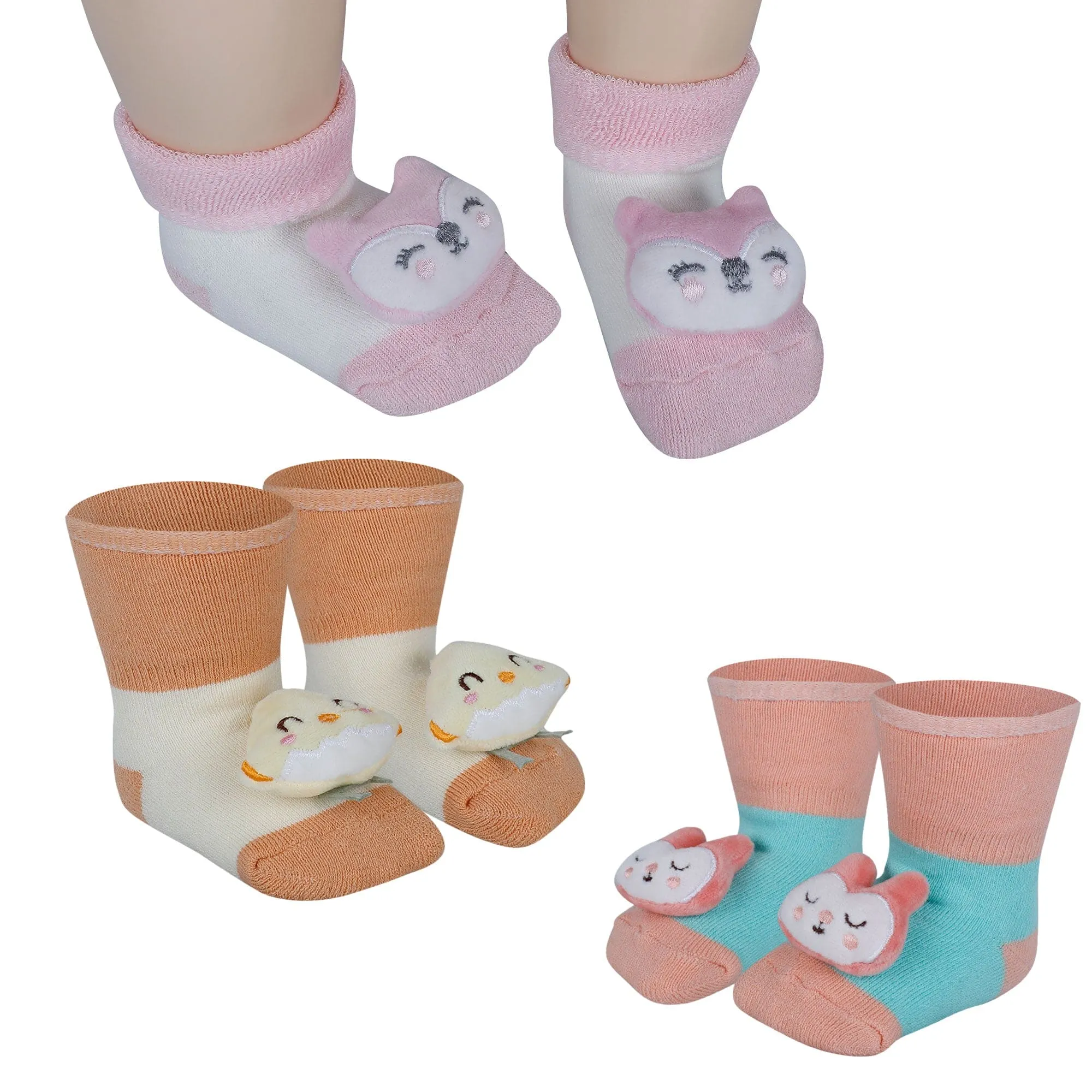 Baby Moo Bunny Chick 3D Rattle Anti-Skid Socks Booties Pack of 3 - Orange