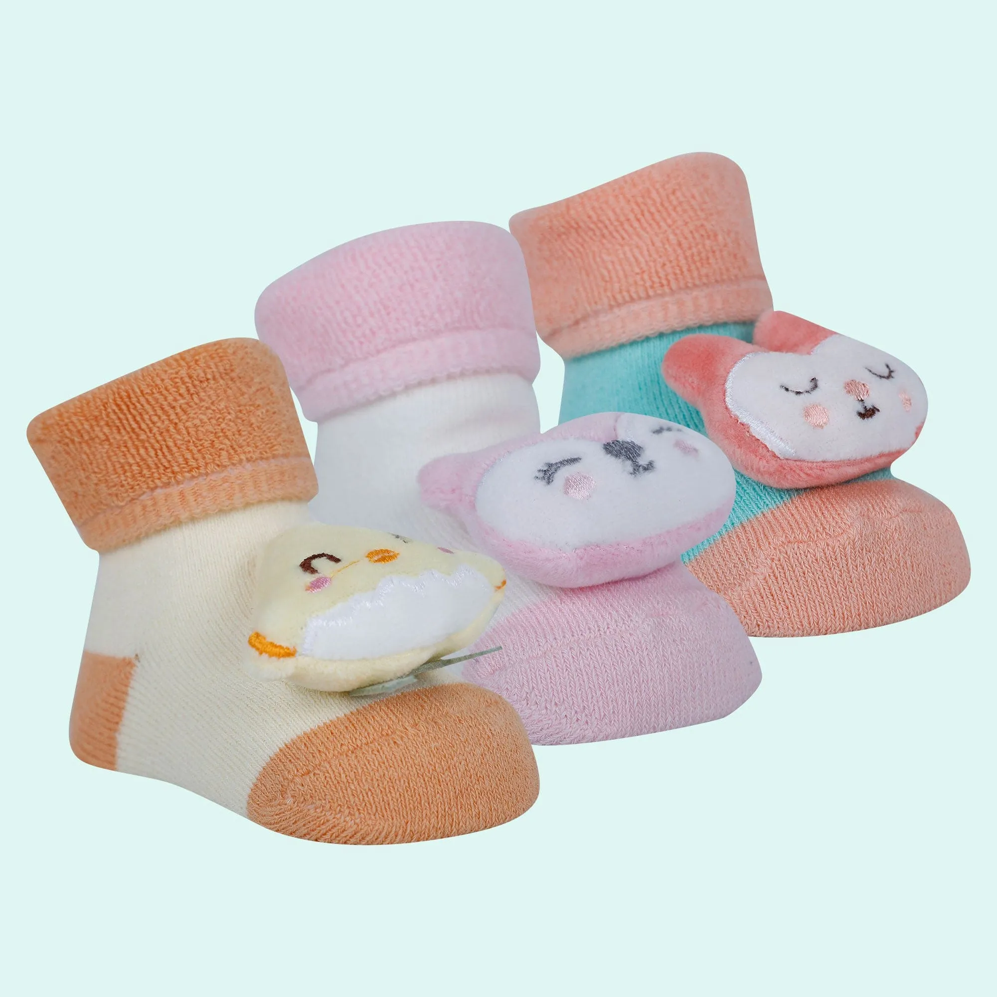 Baby Moo Bunny Chick 3D Rattle Anti-Skid Socks Booties Pack of 3 - Orange