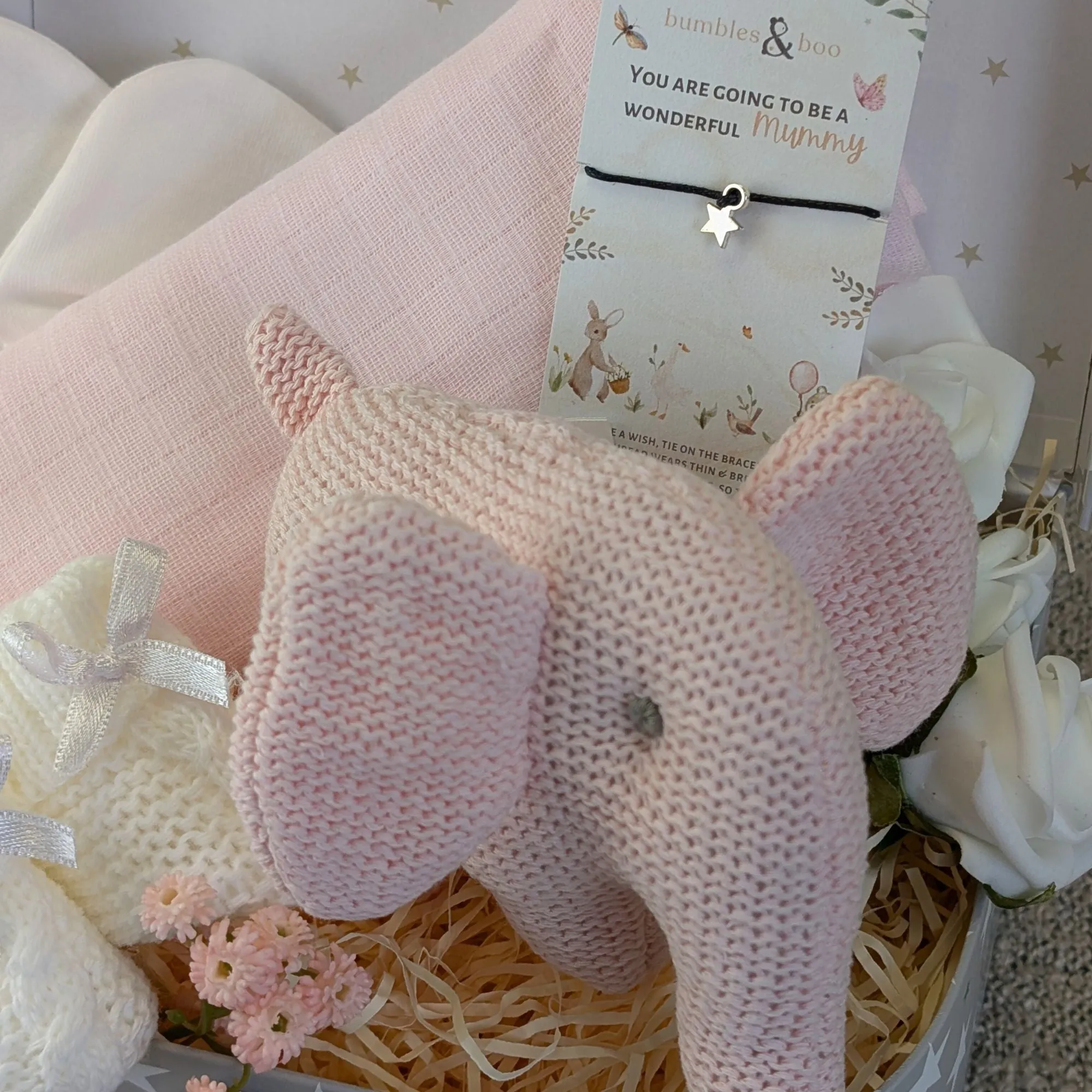 Baby Shower Gifts Hamper Pink Organic Elephant Rattle