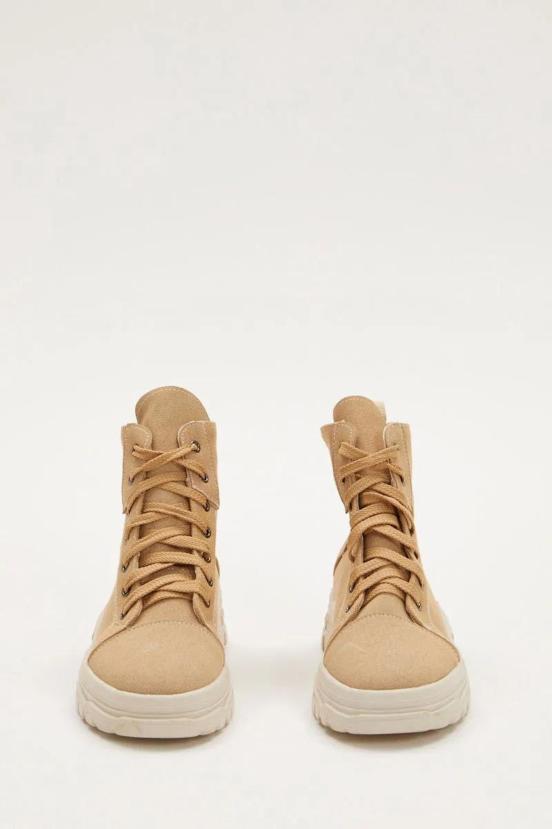 Beige Lace Up Hiking Boots