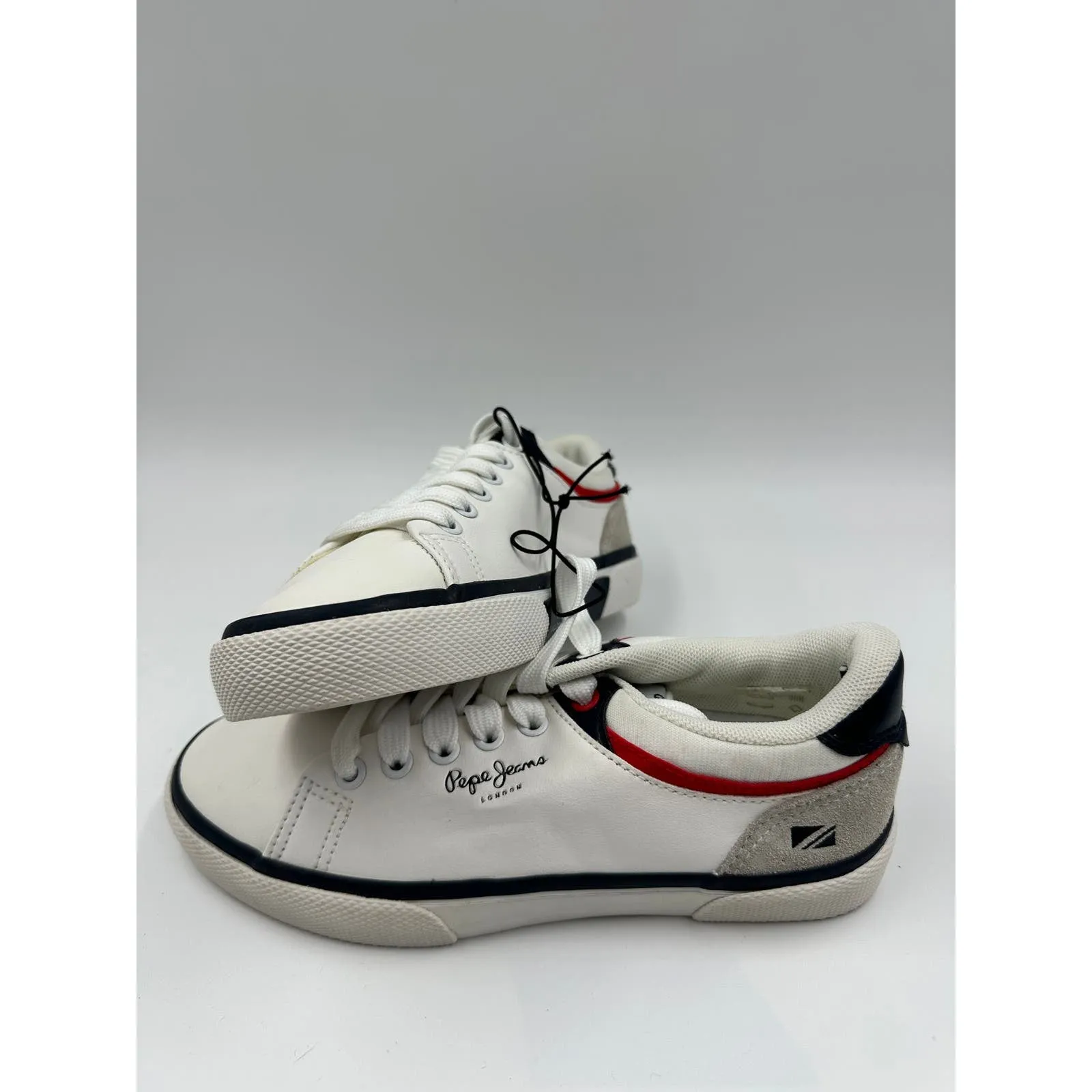 Big Kid Size 1, White  Fashion Sneakers with Blue and Red Accents