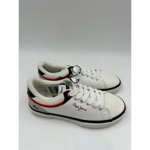 Big Kid Size 1, White  Fashion Sneakers with Blue and Red Accents