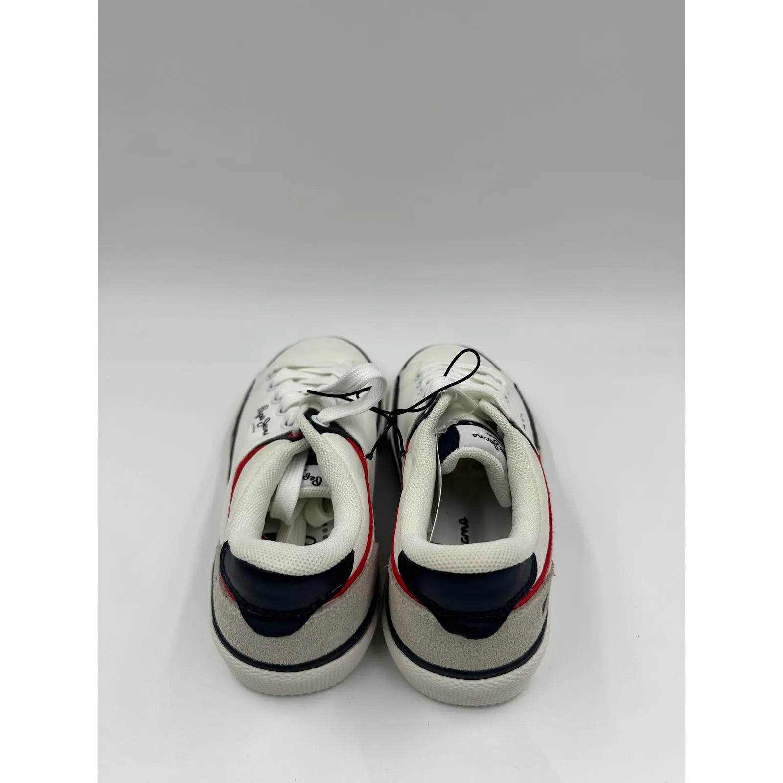 Big Kid Size 1, White  Fashion Sneakers with Blue and Red Accents