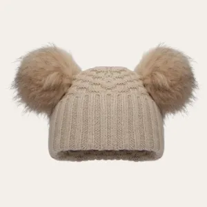 Biscuit Double PomPom Knitted Hat