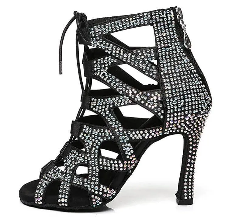 Black Satin Rhinestone Ballroom Dance Shoes Latin Salsa Dancing Shoes