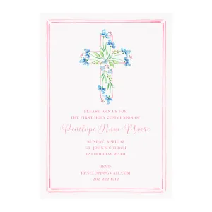 Blue Floral Cross- Christening Baptism Communion Cross Invitation