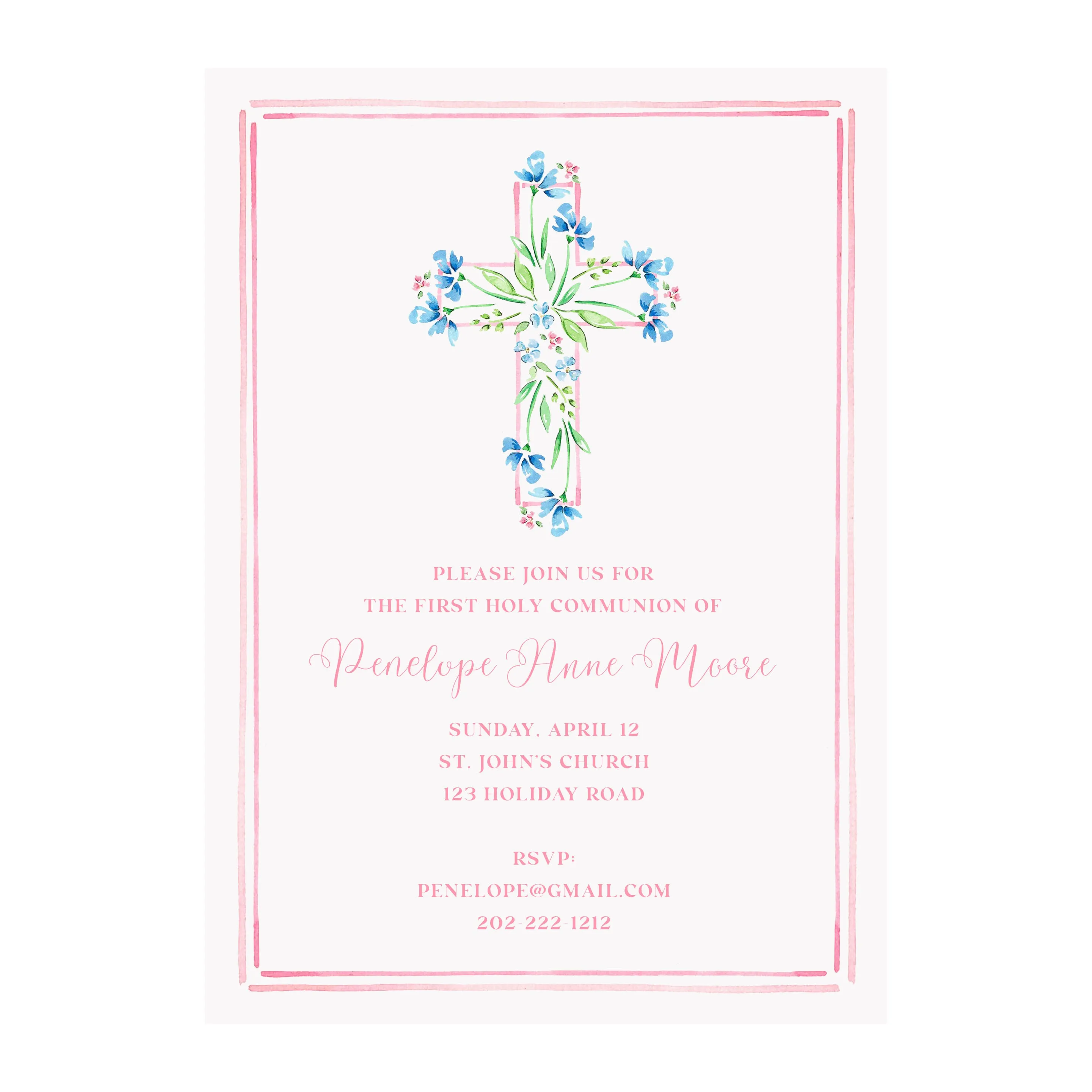 Blue Floral Cross- Christening Baptism Communion Cross Invitation