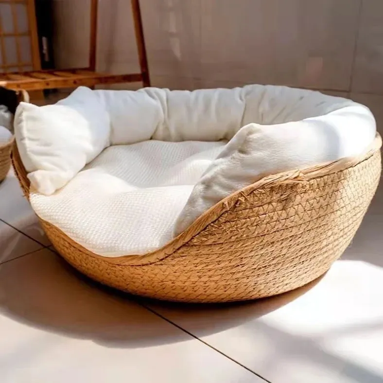 CAT small dog BED Rattan with snug removable crystal velvet & cotton bed