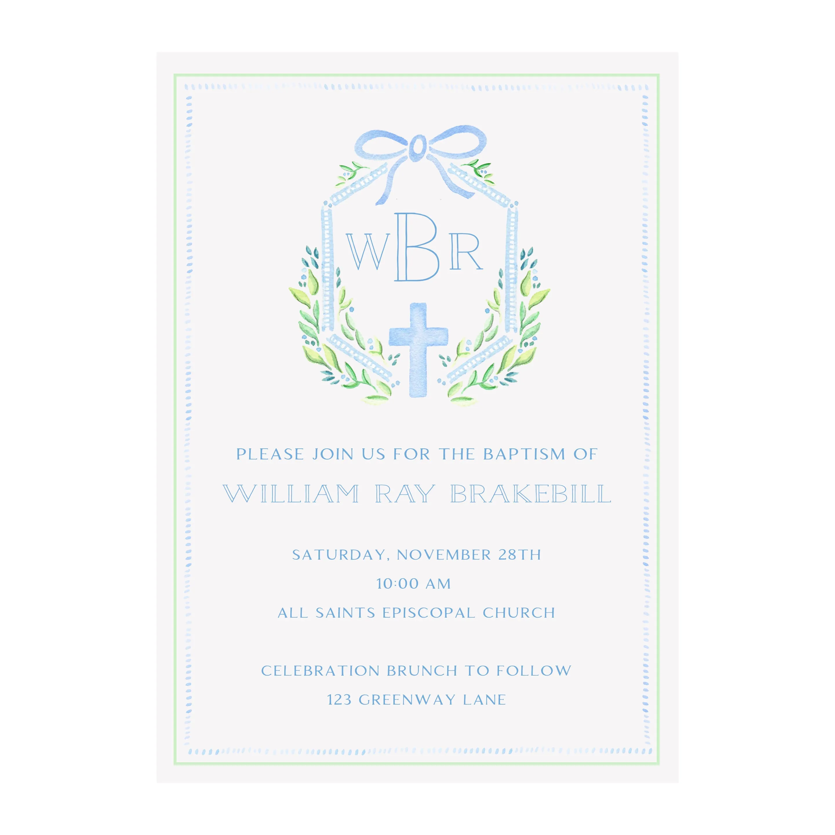 Christening Baptism Communion Cross Invitation- Blue