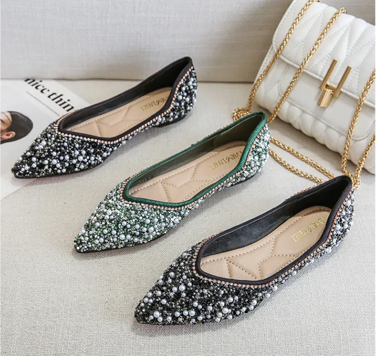 Cilool Rhinestone Flat Bling Diamonds Bridal Shoes