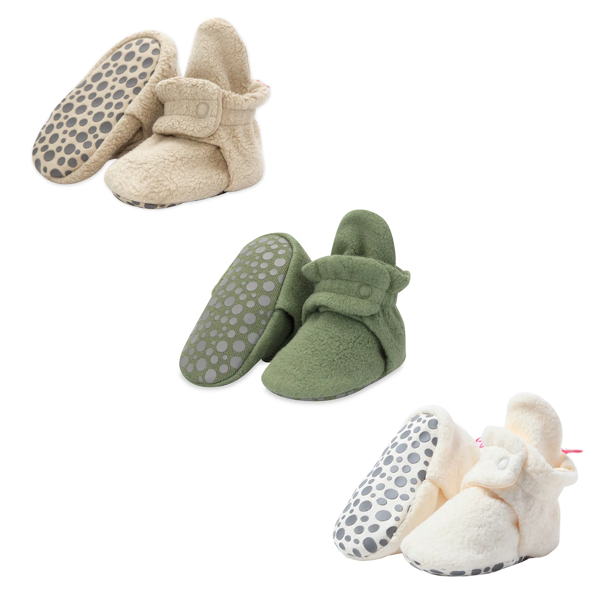 Cozie Fleece Gripper Baby Bootie 3 Pack - Khaki/Olive/Cream