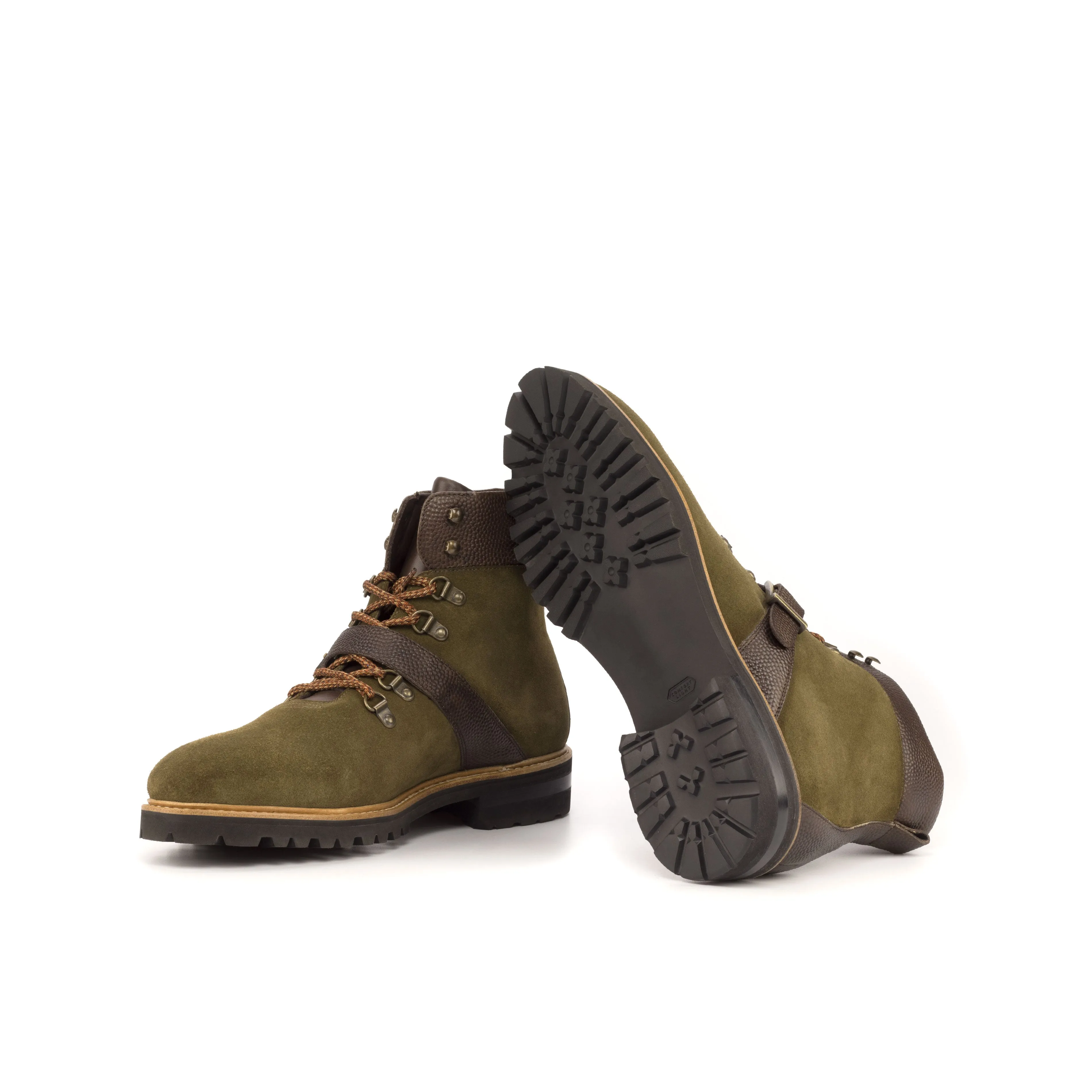 DapperFam Everest in Khaki / Dark Brown Men's Lux Suede & Italian Pebble Grain Leather Hiking Boot