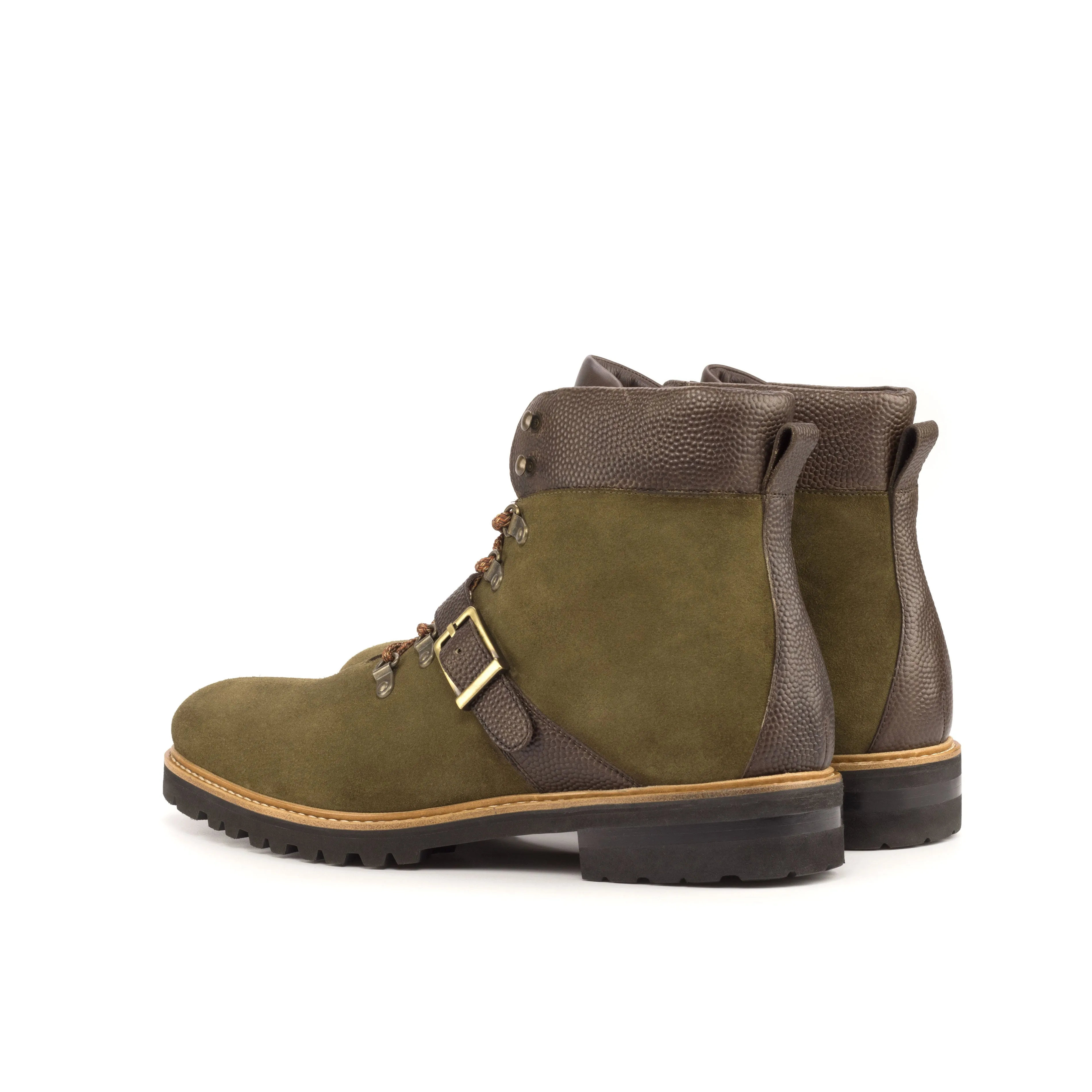 DapperFam Everest in Khaki / Dark Brown Men's Lux Suede & Italian Pebble Grain Leather Hiking Boot