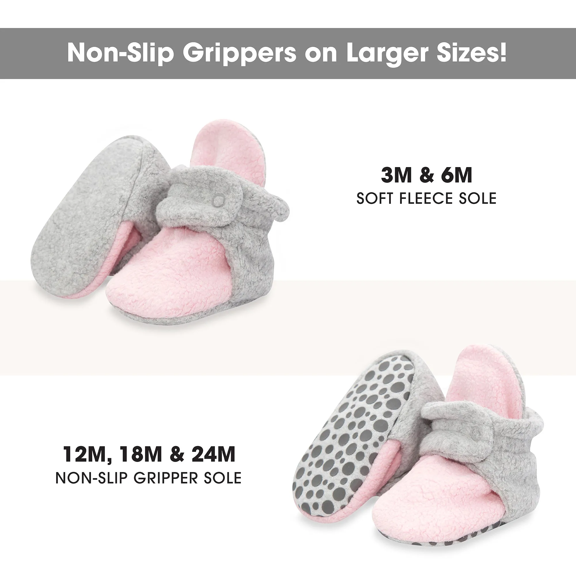 Double Cozie Fleece Gripper Baby Bootie - Baby Pink/Heather Gray