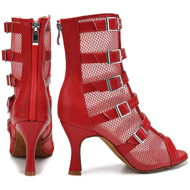 DS Women's Red Leatherette Customized Heel Jazz Dance Boots Ballroom Dance Shoes