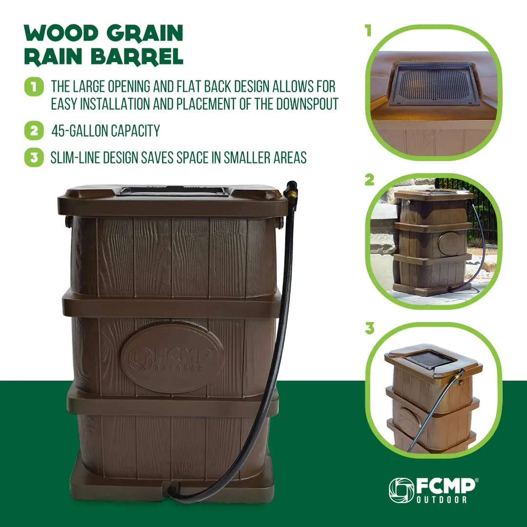 FCMP - Outdoor Slim Line 45-Gallon Wood Grain Rain Water Barrel