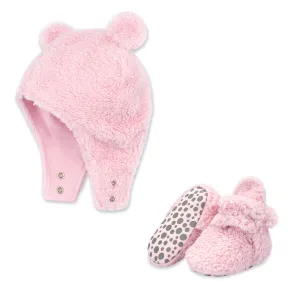 Furry Bootie and Furry Bear Hat Set - Baby Pink