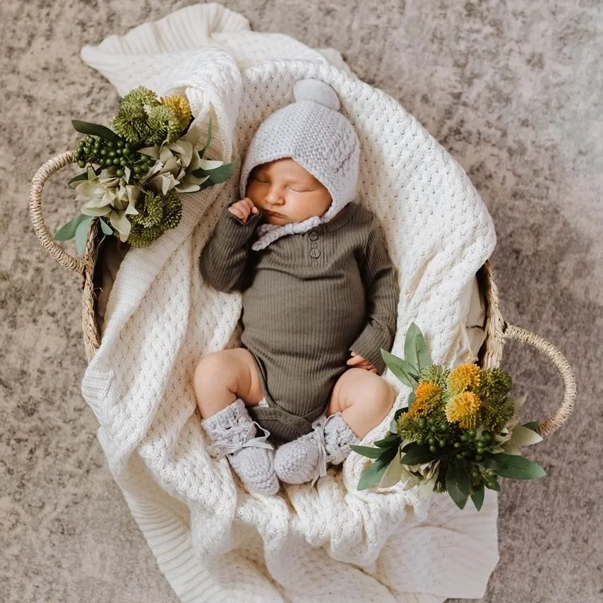 Grey Merino Wool Bonnet & Booties Set