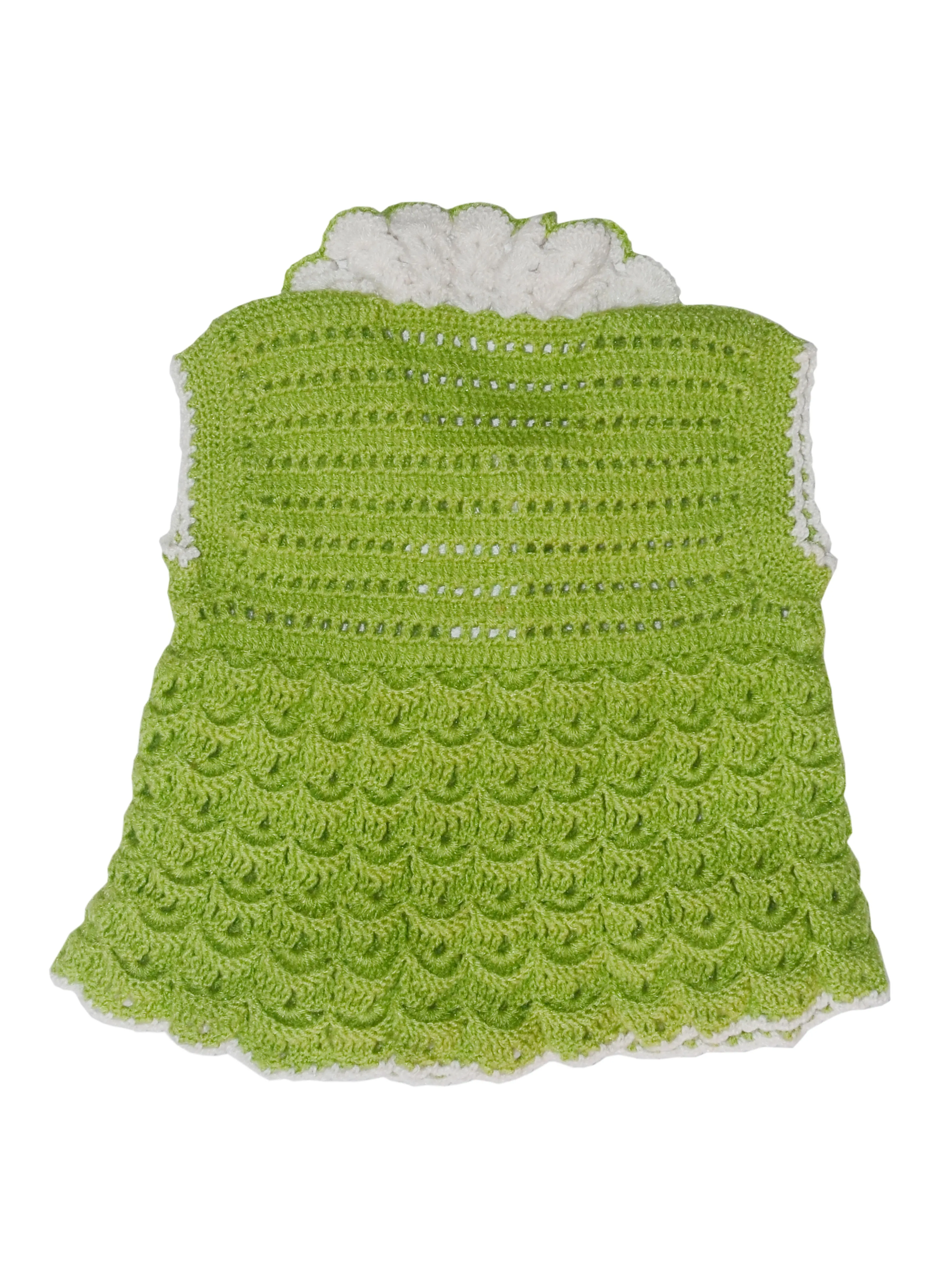 Handmade Woolen Latest Design Short Cardigan Style Frock With Booties & Cap- Lime Green